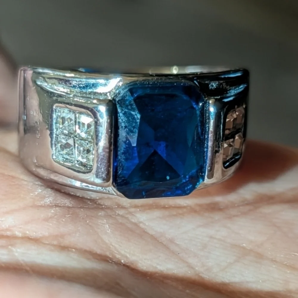 Men's Silver and Blue Gemstone Ring Sz 10